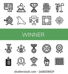 Winner Icon Set. Collection Of Certificate, Target, Whack A Mole, Seal, Trophy, Slot Machine, Focus, Goals, Medal, Gold Medal, Roulette, Foam Hand, Goal Icons