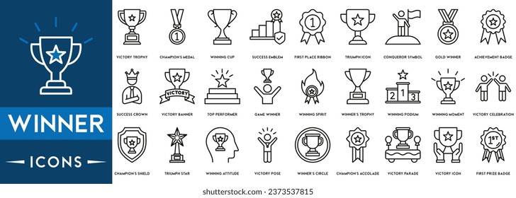 Winner icon set. Containing victory, success, prize, celebration, podium, win money, finish line and trophy icons.