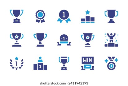 Winner icon set. Duotone color. Vector illustration. Containing medal, win, award, trophy, st place, pedestal, position, first position.