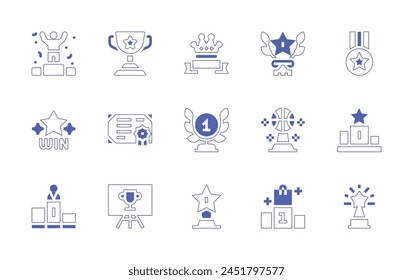 Conjunto de iconos de ganador. Trazo de línea de estilo duotono y negrita. Ilustración vectorial. Conteniendo trofeo, pedestal, medalla, ganar, ganador, premio, baloncesto, podio.