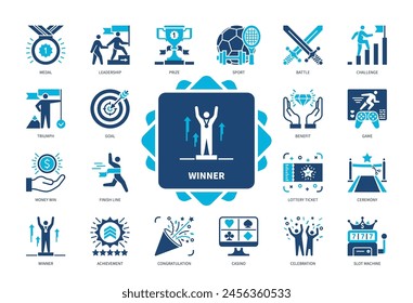 Conjunto de iconos de ganador. Gol, Triunfo, Desafío, Felicitación, Medalla, Logro, Celebración, Boleto de Lotería. Iconos sólidos de color de duotono