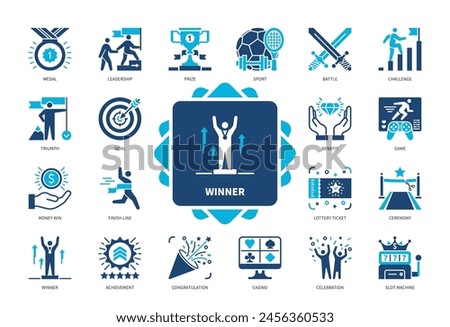 Winner icon set. Goal, Triumph, Challenge, Congratulation, Medal, Achievement, Celebration, Lottery Ticket. Duotone color solid icons