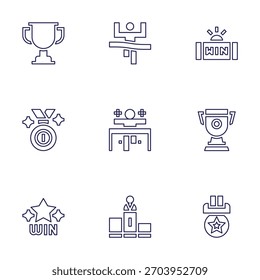 Winner icon set. Line style. Editable stroke. trophy, medal, win, winner, lottery.