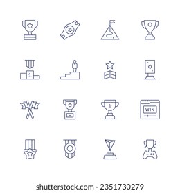 Winner icon set. Thin line icon. Editable stroke. Containing award, belt, mission, trophy, competition, podium, star, winner, flags, win, medal.