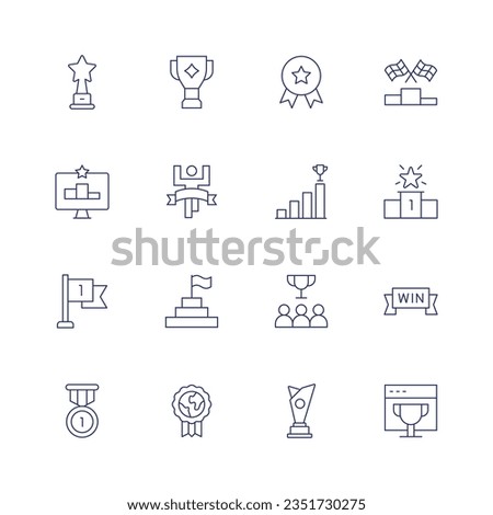 Winner icon set. Thin line icon. Editable stroke. Containing award, medal, podium, champion, finish line, rating, win, flag, goal, trophy.
