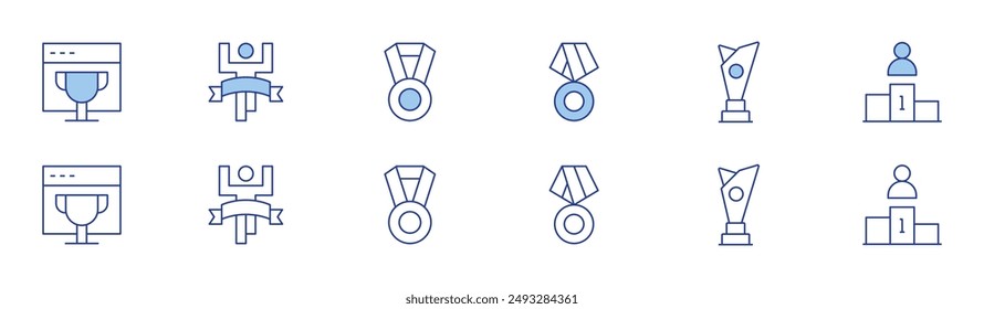Winner icon set in two styles, Duotone and Thin Line style. Editable stroke. best employee, medal, trophy, finish line.