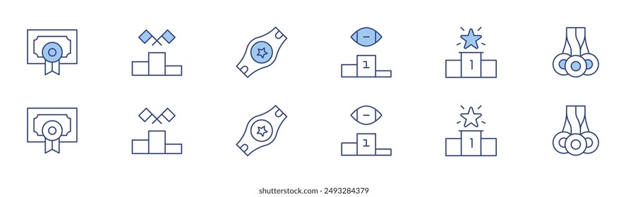 Winner icon set in two styles, Duotone and Thin Line style. Editable stroke. medals, podium, winner, win, belt, diploma.