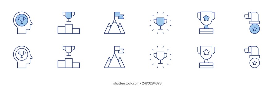 Icono de ganador establecido en dos estilos, Duotono y estilo de línea fina. Trazo editable. medalla, ganador, premio, logro, podio, premio.