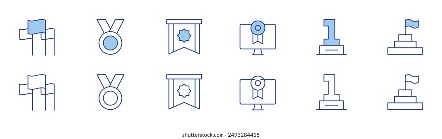 Winner icon set in two styles, Duotone and Thin Line style. Editable stroke. medal, goal, trophy, champion, flags, badge.