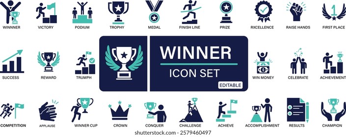 Winner icon set victory, success, prize, celebration, podium, win money, finish line You can easily change the color