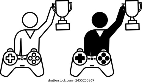 Iconos del ganador. Iconos vectoriales en blanco y negro. El jugador sostiene la Copa del Ganador y la consola de juego. Victoria en la Competición. Concepto de Juegos informáticos