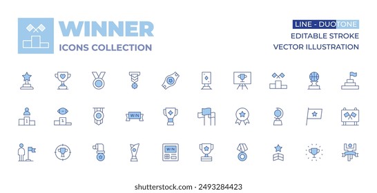 Winner icons collection. Line Duotone style, editable stroke. best employee, medal, trophy, triumph, award, winner, win, flag, belt, flags, vending machine.