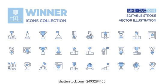 Winner icons collection. Line Duotone style, editable stroke. medals, success, achievement, trophy, podium, goal, medal, competition, cup, diploma, leadership.