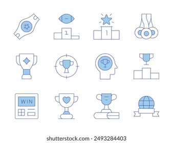 Winner icons. Line Duotone style, editable stroke. medals, winner, triumph, podium, trophy, win, medal, belt, award, vending machine.