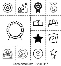 Winner icons. set of 13 editable outline winner icons such as star, ranking, playing card, target, medal with star, roulette