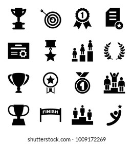 Winner icons. set of 16 editable filled winner icons such as target, ranking, trophy, finish, olive branch, number 1 medal, medal with star, diploma, winner