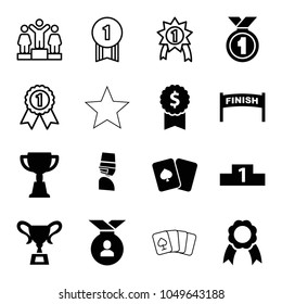Winner icons. set of 16 editable filled and outline winner icons such as trophy, dollar award, finish, ribbon, ranking, number 1 medal, medal, playing card, pllaying card
