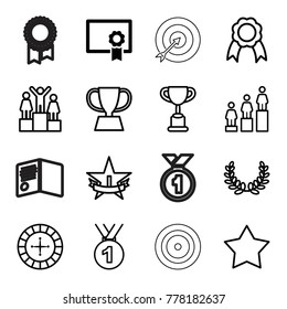 Winner icons. set of 16 editable outline winner icons such as diploma, roulette, ranking, trophy, medal, star, ribbon, 1st place star, olive wreath