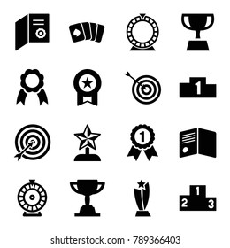 Winner icons. set of 16 editable filled winner icons such as roulette, target, diploma, medal, ribbon, ranking, trophy, star trophy, number 1 medal
