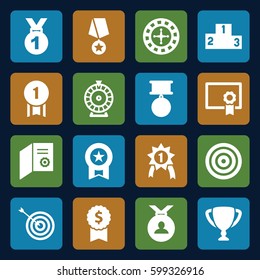 winner icons set. Set of 16 winner filled icons such as Roulette, target, medal, ranking, diploma, trophy, number 1 medal, medal with star