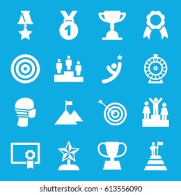 Winner icons set. set of 16 winner filled icons such as Roulette, target, medical mask, ribbon, trophy, ranking, diploma, medal, star trophy