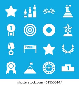 Winner icons set. set of 16 winner filled icons such as Roulette, Star, ranking, finish flag, star, olive wreath, man at the top of the mountain with flag, flag on mountain
