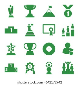 Winner icons set. set of 16 winner filled icons such as ranking, trophy, diploma, star trophy, man with medal, man at the top of the mountain with flag, flag on mountain