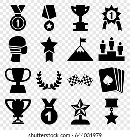 Winner icons set. set of 16 winner filled icons such as pllaying card, medical mask, trophy, medal, finish flag, ranking, olive wreath, star trophy, flag on mountain