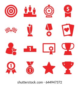 Winner icons set. set of 16 winner filled icons such as roulette, trophy, medal, finish flag, ranking, star, diploma, man with medal, playing card, dollar award