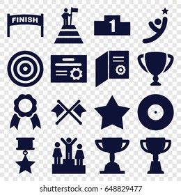 Winner icons set. set of 16 winner filled icons such as star, trophy, ribbon, ranking, man at the top of the mountain with flag, medal with star, diploma, crossed flags