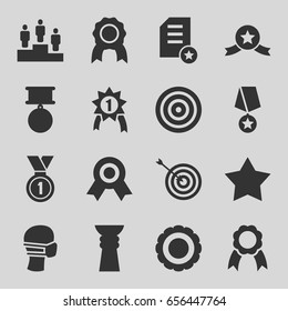 Winner icons set. set of 16 winner filled icons such as target, medical mask, ribbon, medal, ranking, star, award, trophy, number 1 medal, medal with star