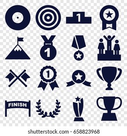 Winner icons set. set of 16 winner filled icons such as trophy, ranking, olive wreath, flag on mountain, number 1 medal, medal with star, crossed flags, medal, target