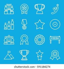winner icons set. Set of 16 winner outline icons such as ranking, trophy, medal, flag on mountain, medal with star, winner, target, finish, star