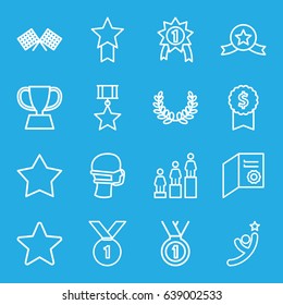 Winner icons set. set of 16 winner outline icons such as ranking, medical mask, star, trophy, medal, finish flag, diploma, olive wreath, number 1 medal, medal with star