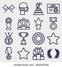 Winner icons set. set of 16 winner outline icons such as ranking, medical mask, star, medal, olive branch, trophy, man at the top of the mountain with flag, medal with star