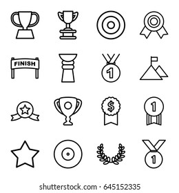 Winner icons set. set of 16 winner outline icons such as star, trophy, medal, olive wreath, flag on mountain, number 1 medal, medal with star, dollar award, target