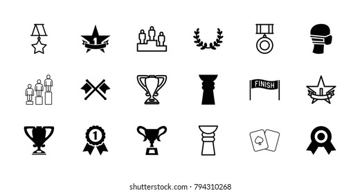 Winner icons. set of 18 editable filled and outline winner icons: medal, medical mask, trophy, 1st place star, olive wreath, number 1 medal, crossed flags, ranking, finish