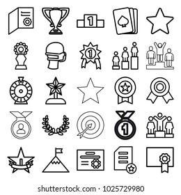 Winner icons. set of 25 editable outline winner icons such as pllaying card, roulette, ranking, diploma, medal, medical mask, trophy, 1st place star, star, olive wreath