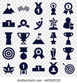 Winner icons set. set of 25 winner filled icons such as target, medal, trophy, finish flag, 1st place star, ranking, star trophy, man with medal, flag on mountain