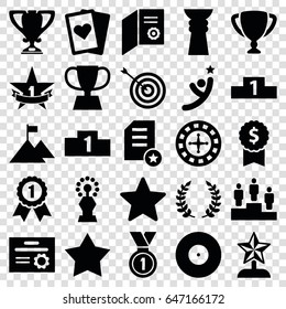 Winner icons set. set of 25 winner filled icons such as roulette, target, trophy, medal, ranking, 1st place star, olive branch, star, star trophy, flag on mountain