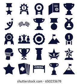 Winner icons set. set of 25 winner filled icons such as pllaying card, ranking, medal, medical mask, finish flag, trophy, 1st place star, star, award, flag on mountain