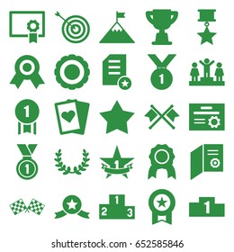 Winner icons set. set of 25 winner filled icons such as target, ranking, medal, finish flag, 1st place star, diploma, trophy, star, award, olive wreath, flag on mountain