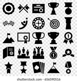 Winner icons set. set of 25 winner filled icons such as pllaying card, roulette, target, trophy, medal, finish flag, ranking, diploma, award, flag on mountain, number 1 medal
