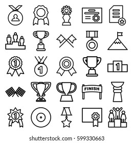 winner icons set. Set of 25 winner outline icons such as medal, diploma, trophy, finish flag, ranking, flag on mountain, number 1 medal, crossed flags, target