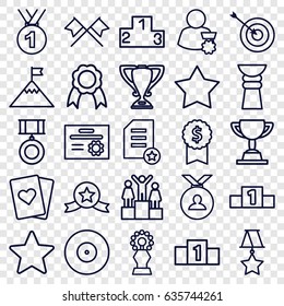 Winner icons set. set of 25 winner outline icons such as target, medal, ribbon, star, ranking, trophy, man with medal, flag on mountain, medal with star, diploma