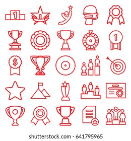 Winner icons set. set of 25 winner outline icons such as roulette, target, ranking, trophy, medical mask, ribbon, star, 1st place star, flag on mountain, number 1 medal