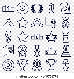 Winner icons set. set of 25 winner outline icons such as pllaying card, star, trophy, star, diploma, ranking, medal, olive branch, man at the top of the mountain with flag