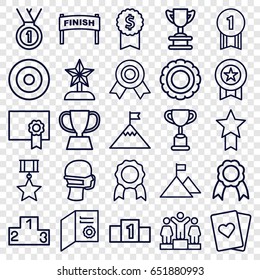 Winner icons set. set of 25 winner outline icons such as ranking, medical mask, ribbon, diploma, trophy, medal, star trophy, flag on mountain, number 1 medal, medal with star