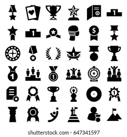 Winner icons set. set of 36 winner filled icons such as roulette, ranking, trophy, medical mask, ribbon, medal, 1st place star, olive branch, star trophy, man with medal