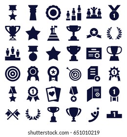 Winner icons set. set of 36 winner filled icons such as star, target, ranking, trophy, olive branch, medal, star, award, olive wreath, man at the top of the mountain with flag